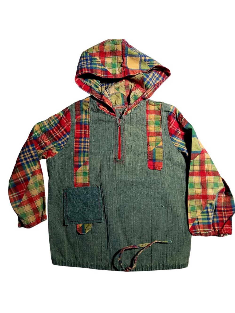 Girls Jacket 4T Patchwork Hooded Pullover Vintage 70's With Zipper & Pocket